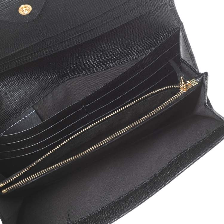 Pre Owned Fendi Black Leather Flap Continental Wallet