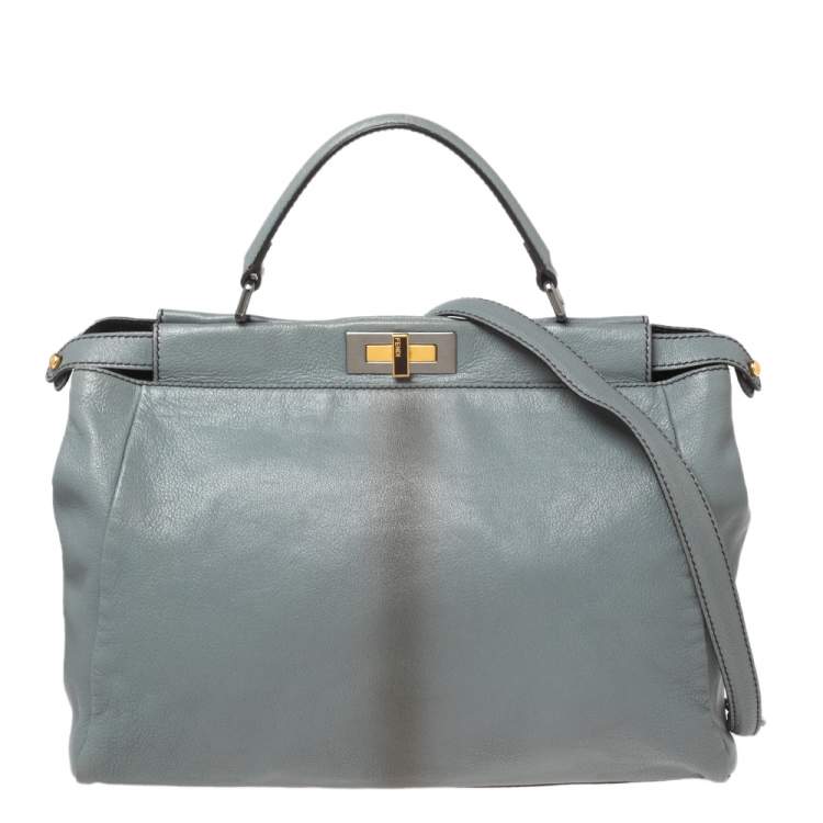 Pre Owned Fendi Ash Blue Leather Large Peekaboo Top Handle Bag