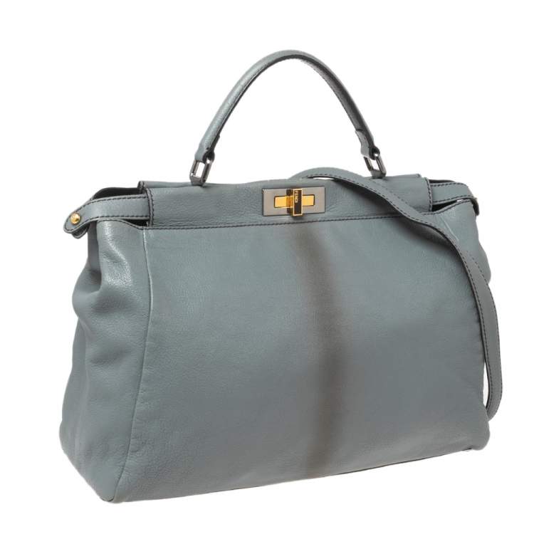 Pre Owned Fendi Ash Blue Leather Large Peekaboo Top Handle Bag