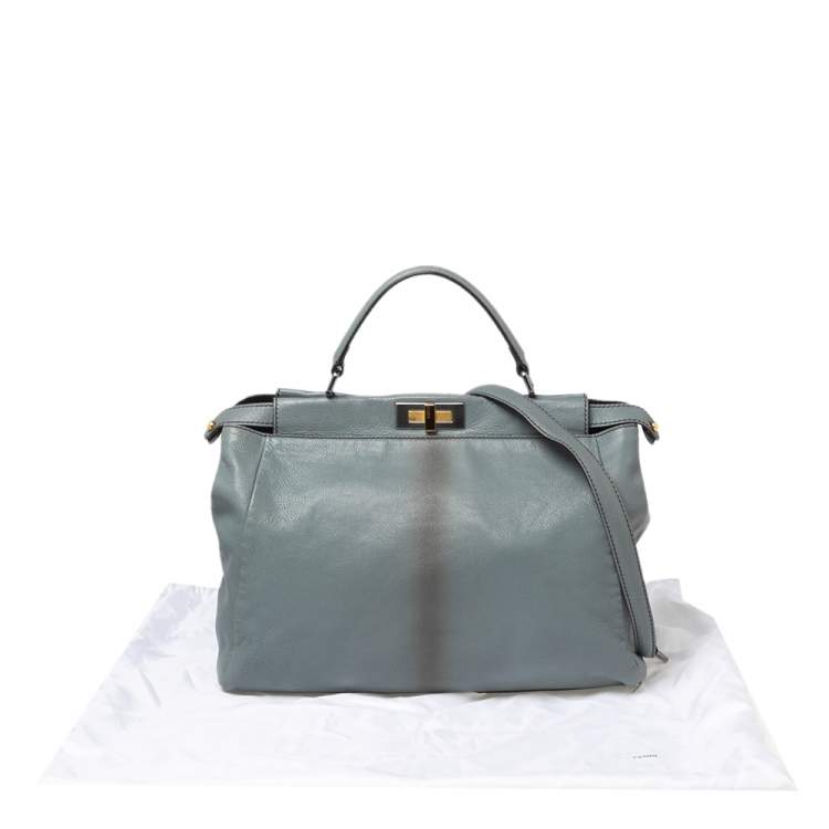 Pre Owned Fendi Ash Blue Leather Large Peekaboo Top Handle Bag