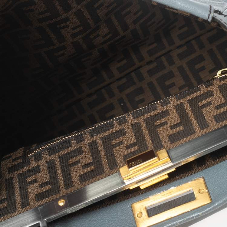 Pre Owned Fendi Ash Blue Leather Large Peekaboo Top Handle Bag