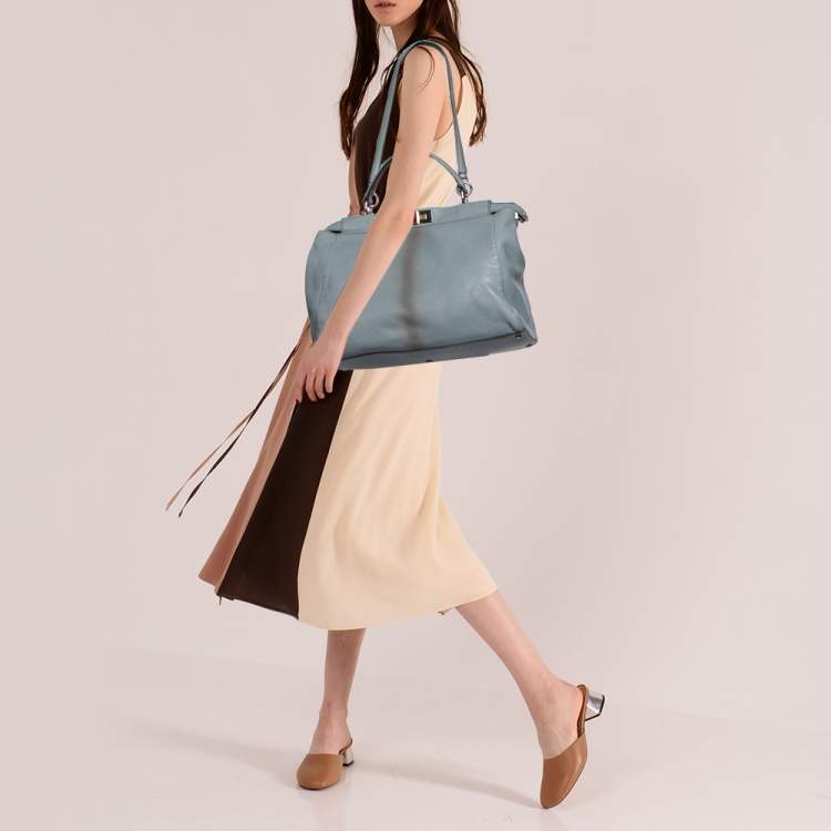 Pre Owned Fendi Ash Blue Leather Large Peekaboo Top Handle Bag
