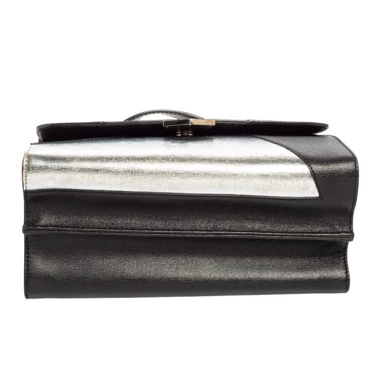 Pre Owned Fendi Black/Silver Leather Small Demi Jour Top Handle Bag