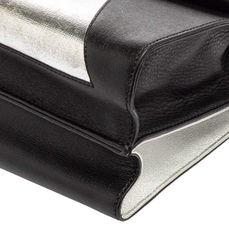 Pre Owned Fendi Black/Silver Leather Small Demi Jour Top Handle Bag