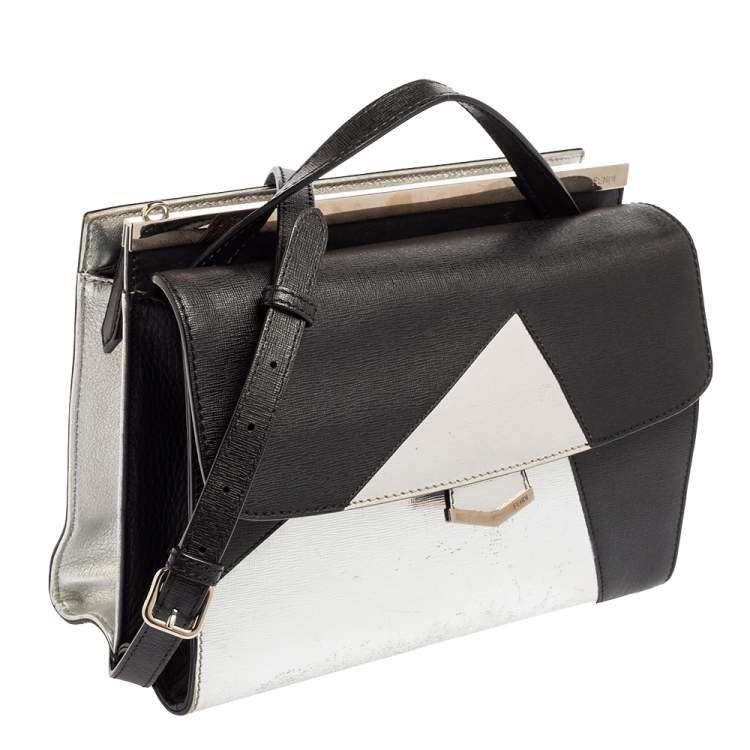 Pre Owned Fendi Black/Silver Leather Small Demi Jour Top Handle Bag