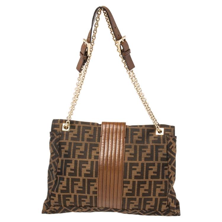 Pre Owned Fendi Tobacco Zucca Canvas And Leather Maxi Baguette Flap Bag