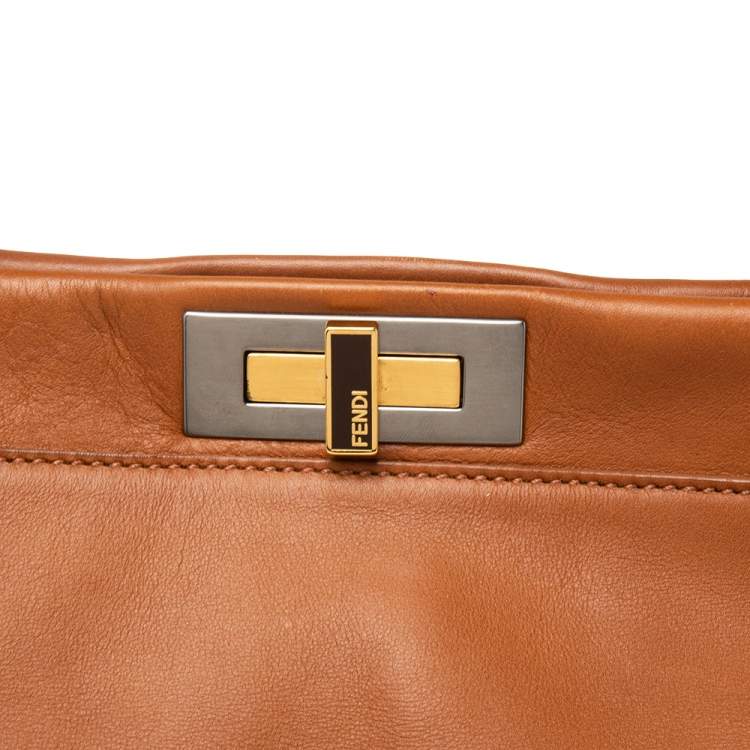 Pre Owned Fendi Brown Leather Large Peekaboo Top Handle Bag