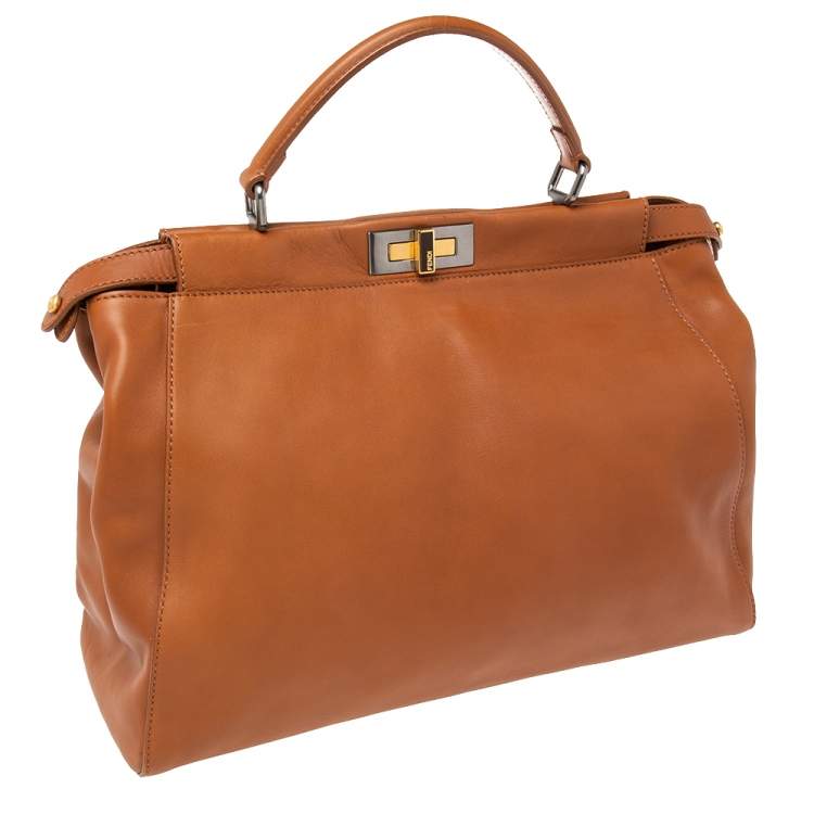 Pre Owned Fendi Brown Leather Large Peekaboo Top Handle Bag