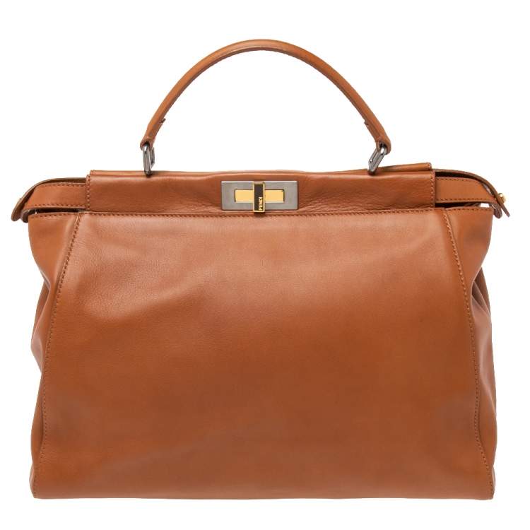 Pre Owned Fendi Brown Leather Large Peekaboo Top Handle Bag