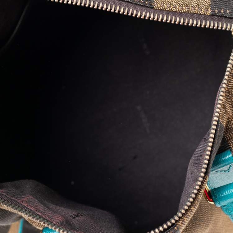 Pre Owned Fendi Tobacco/Teal Pequin Canvas and Leather Forever Boston Bag