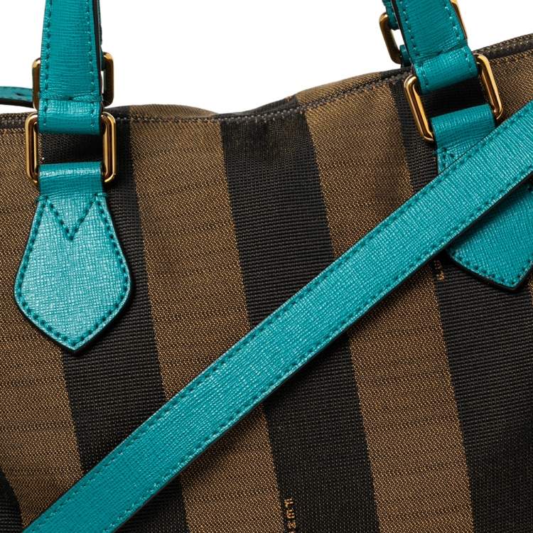Pre Owned Fendi Tobacco/Teal Pequin Canvas and Leather Forever Boston Bag