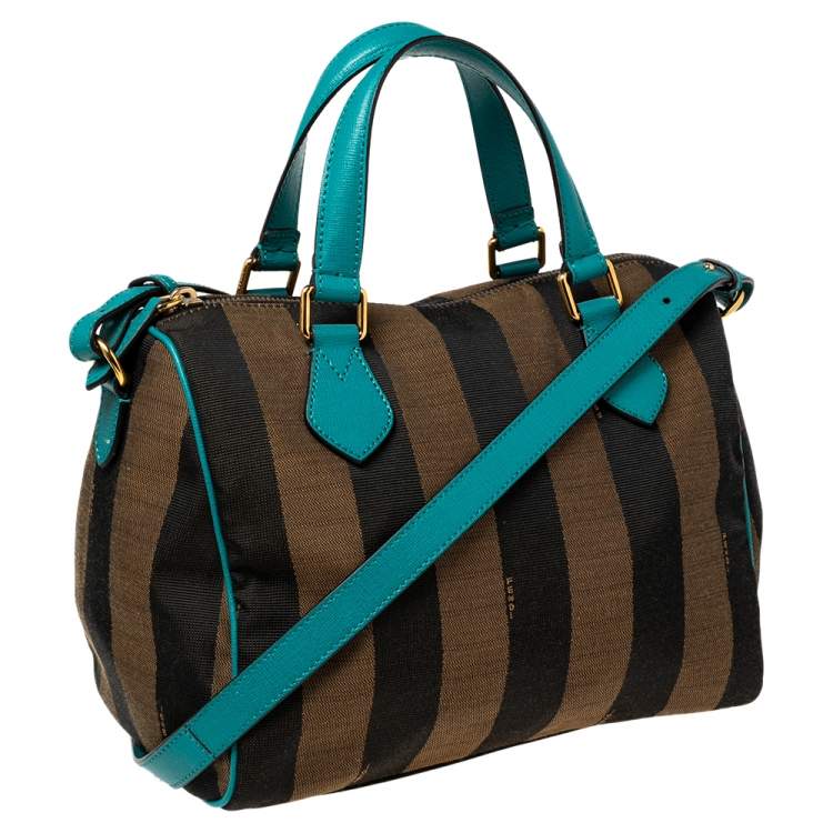 Pre Owned Fendi Tobacco/Teal Pequin Canvas and Leather Forever Boston Bag