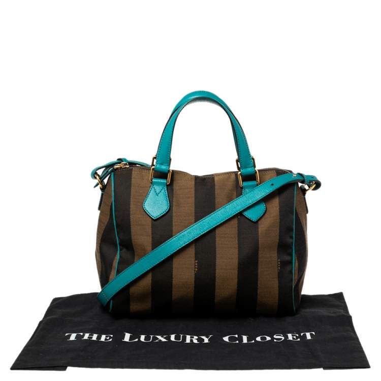 Pre Owned Fendi Tobacco/Teal Pequin Canvas and Leather Forever Boston Bag