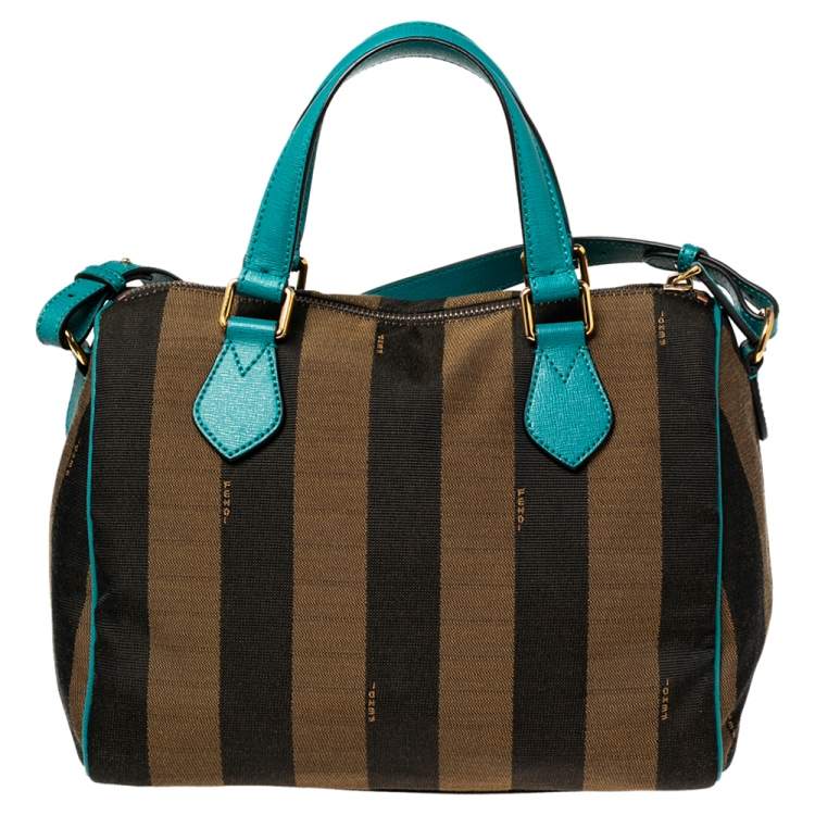 Pre Owned Fendi Tobacco/Teal Pequin Canvas and Leather Forever Boston Bag