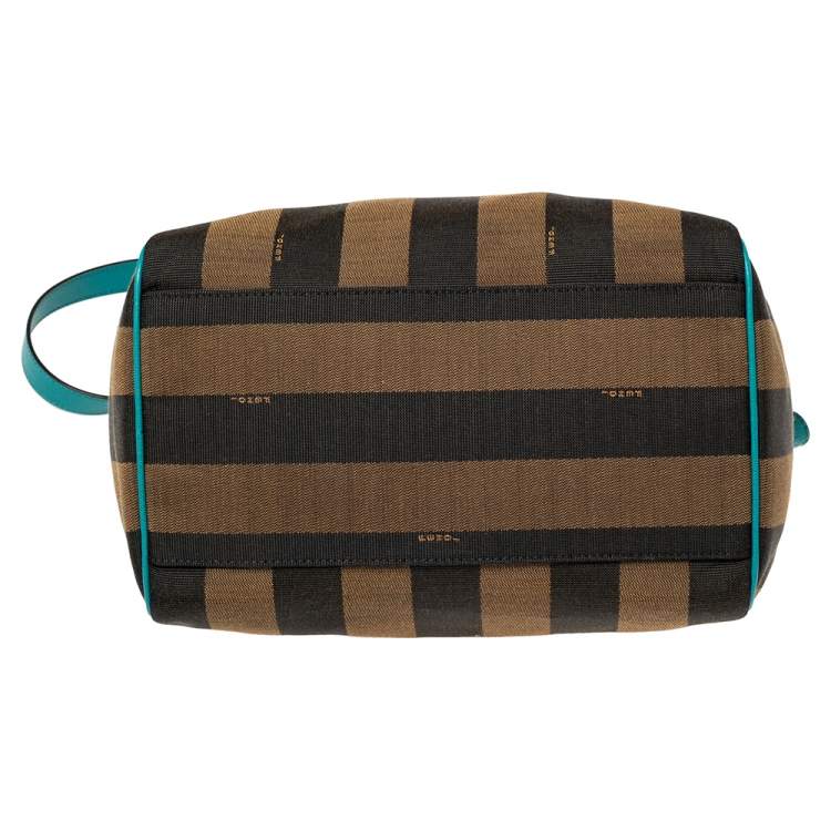 Pre Owned Fendi Tobacco/Teal Pequin Canvas and Leather Forever Boston Bag