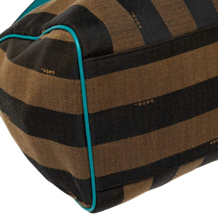 Pre Owned Fendi Tobacco/Teal Pequin Canvas and Leather Forever Boston Bag