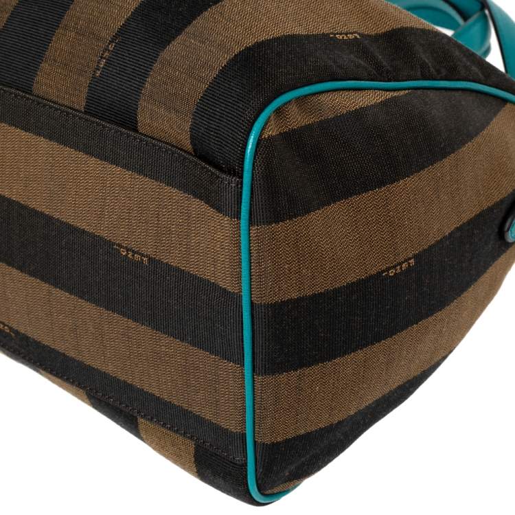Pre Owned Fendi Tobacco/Teal Pequin Canvas and Leather Forever Boston Bag