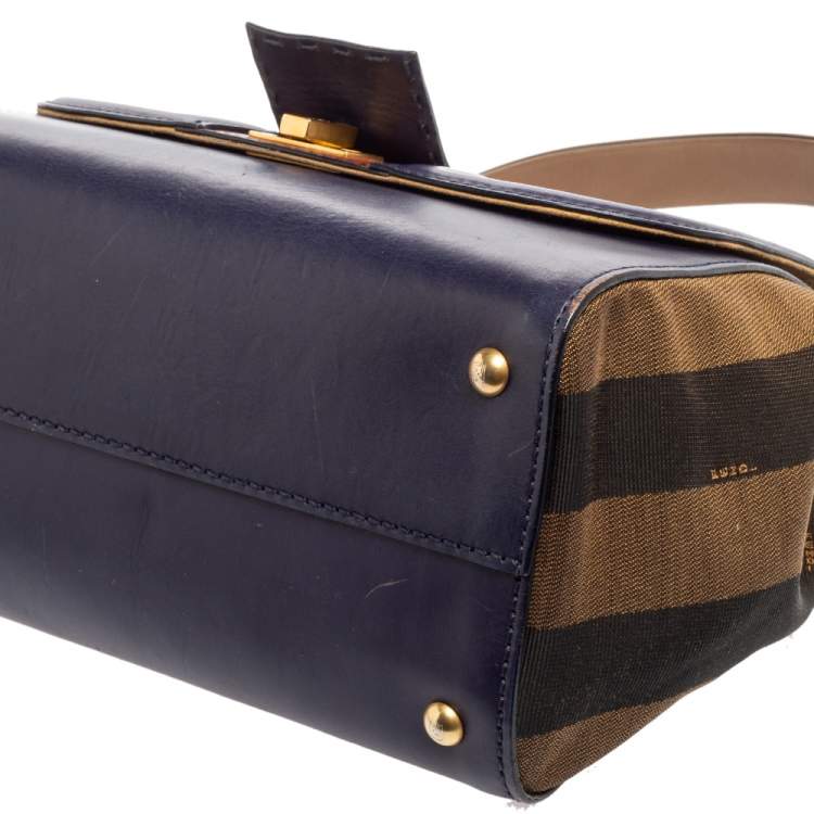 Pre Owned Fendi Blue/Tobacco Penguin Stripe Canvas and Leather Silvana Top Handle Bag