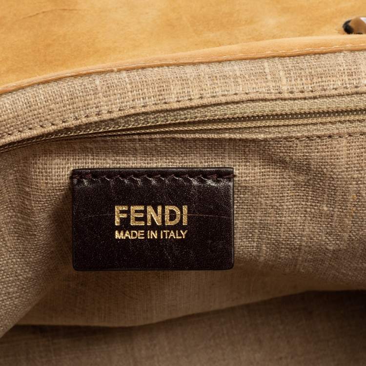 Pre Owned Fendi Blue/Tobacco Penguin Stripe Canvas and Leather Silvana Top Handle Bag
