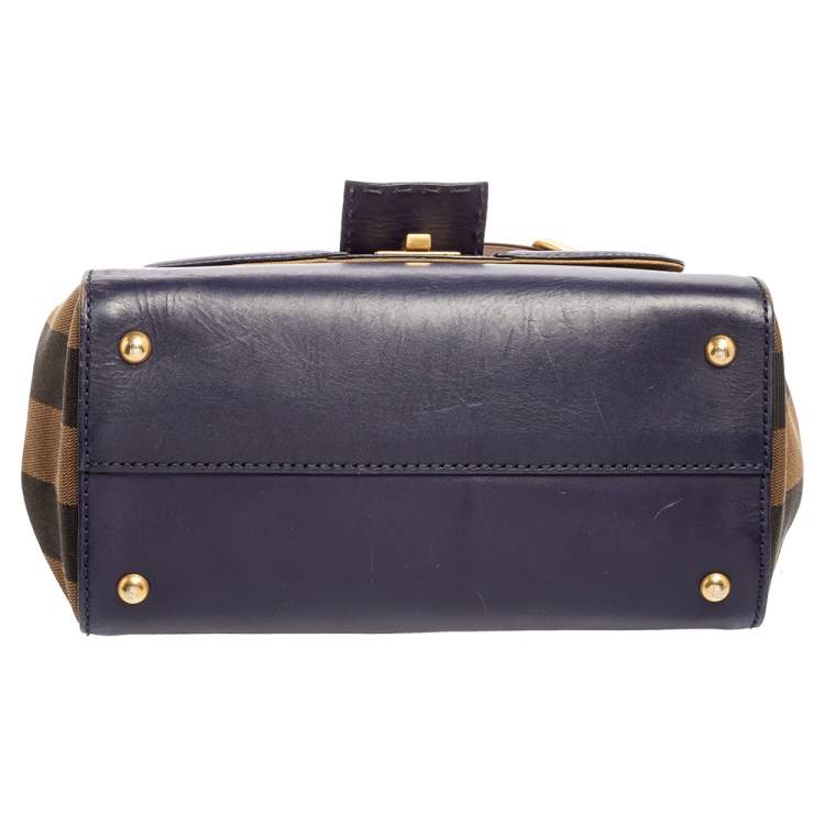 Pre Owned Fendi Blue/Tobacco Penguin Stripe Canvas and Leather Silvana Top Handle Bag