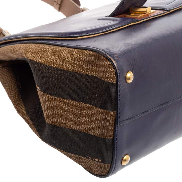 Pre Owned Fendi Blue/Tobacco Penguin Stripe Canvas and Leather Silvana Top Handle Bag