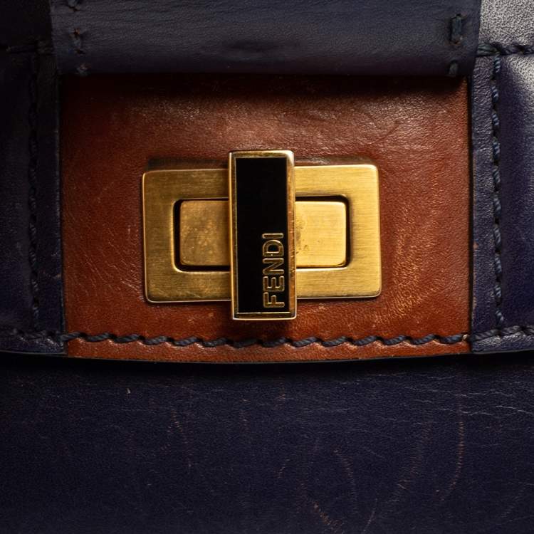 Pre Owned Fendi Blue/Tobacco Penguin Stripe Canvas and Leather Silvana Top Handle Bag