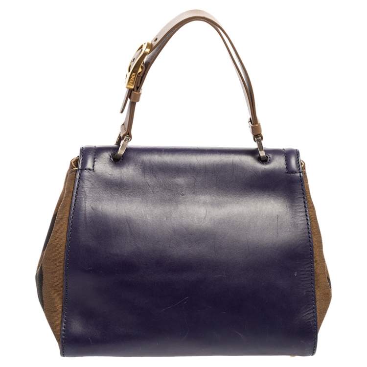 Pre Owned Fendi Blue/Tobacco Penguin Stripe Canvas and Leather Silvana Top Handle Bag