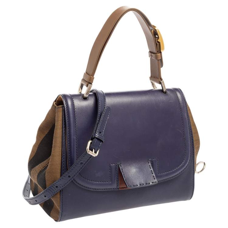 Pre Owned Fendi Blue/Tobacco Penguin Stripe Canvas and Leather Silvana Top Handle Bag