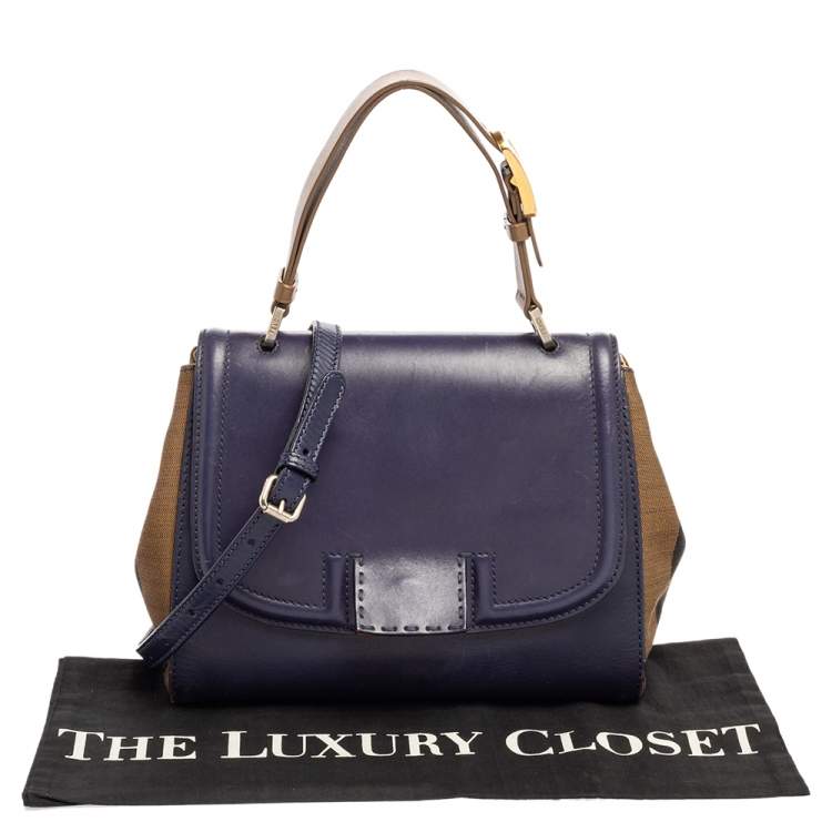 Pre Owned Fendi Blue/Tobacco Penguin Stripe Canvas and Leather Silvana Top Handle Bag