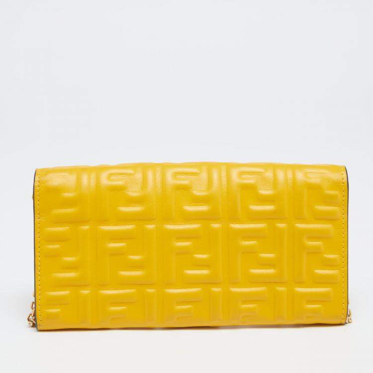 Pre Owned Fendi Mustard Zucca Embossed Leather FF Flap Wallet on Chain