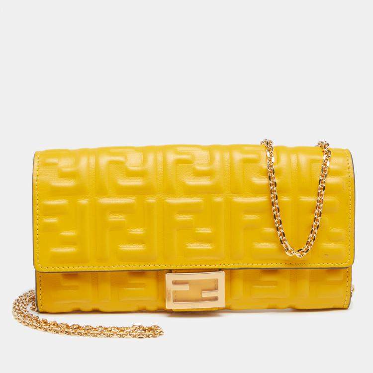 Pre Owned Fendi Mustard Zucca Embossed Leather FF Flap Wallet on Chain