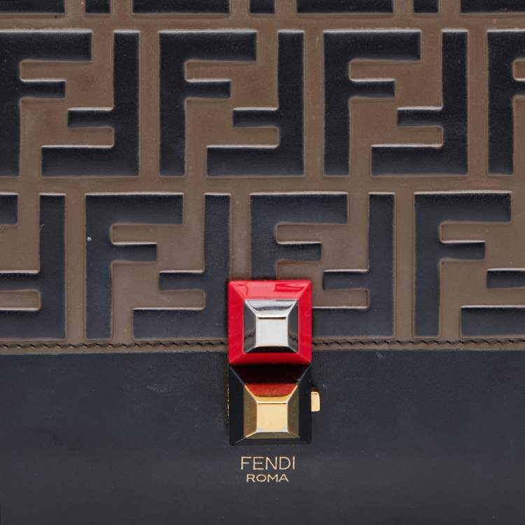 Pre Owned Fendi Black/Tobacco Zucca Embossed Leather Small Kan I Top Handle Bag