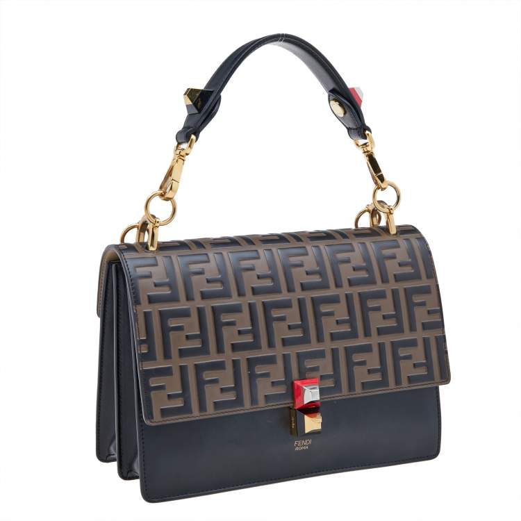 Pre Owned Fendi Black/Tobacco Zucca Embossed Leather Small Kan I Top Handle Bag