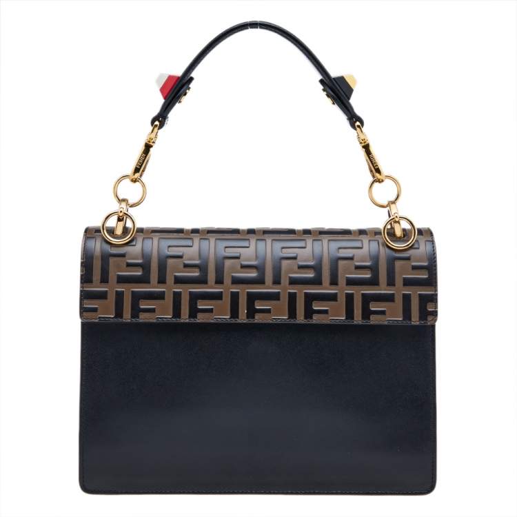 Pre Owned Fendi Black/Tobacco Zucca Embossed Leather Small Kan I Top Handle Bag
