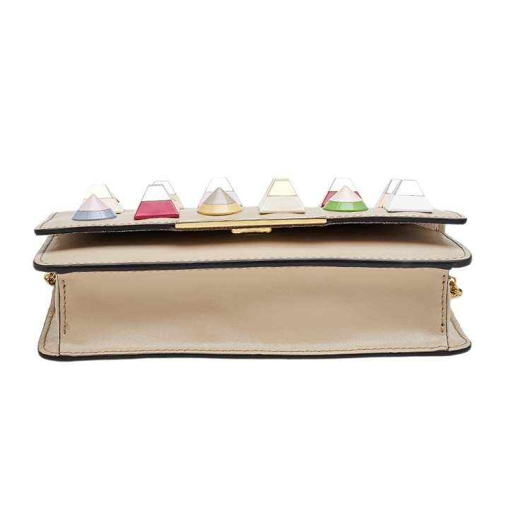 Pre Owned Fendi Beige Leather Rainbow Stud Tube Wallet On Chain