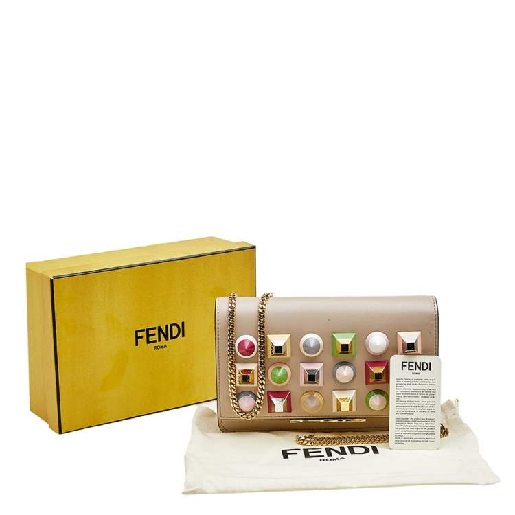 Pre Owned Fendi Beige Leather Rainbow Stud Tube Wallet On Chain