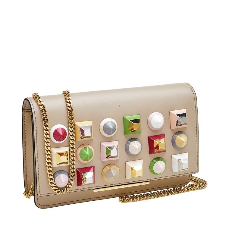 Pre Owned Fendi Beige Leather Rainbow Stud Tube Wallet On Chain