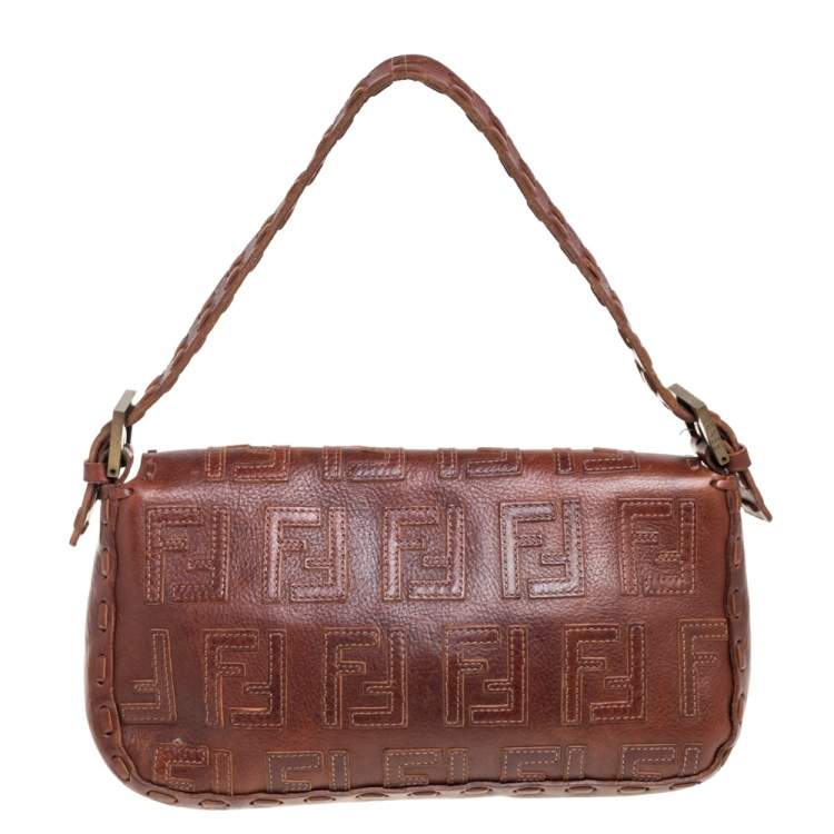 Pre Owned Fendi Brown Leather FF Baguette Shoulder Bag