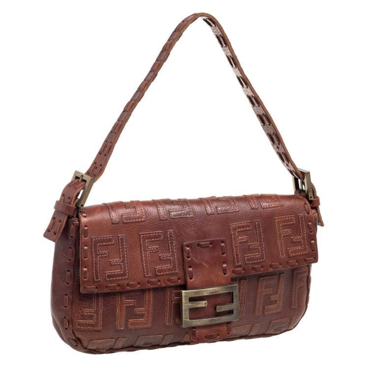 Pre Owned Fendi Brown Leather FF Baguette Shoulder Bag