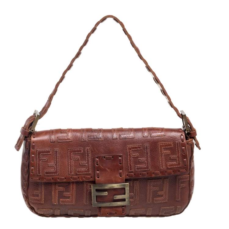 Pre Owned Fendi Brown Leather FF Baguette Shoulder Bag