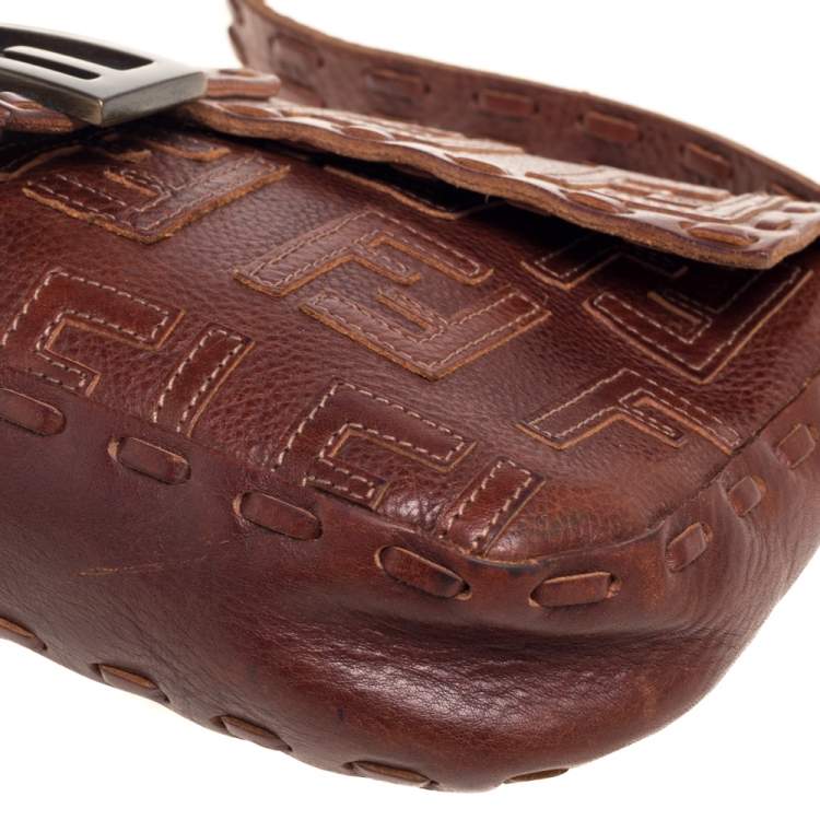 Pre Owned Fendi Brown Leather FF Baguette Shoulder Bag