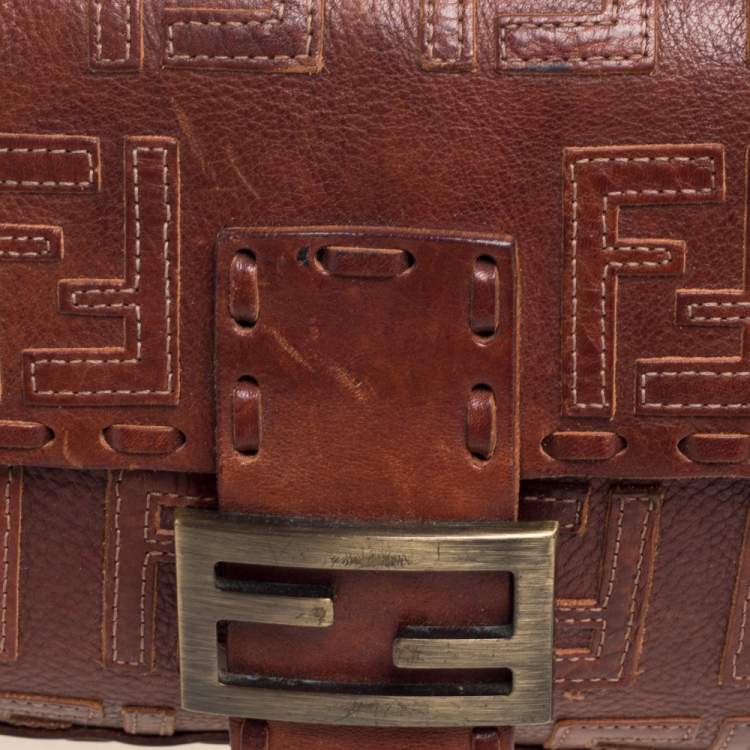 Pre Owned Fendi Brown Leather FF Baguette Shoulder Bag