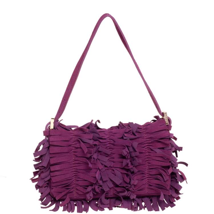 Pre Owned Fendi Purple Suede Fringe Baguette Bag