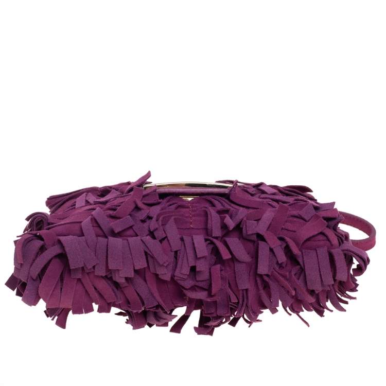 Pre Owned Fendi Purple Suede Fringe Baguette Bag