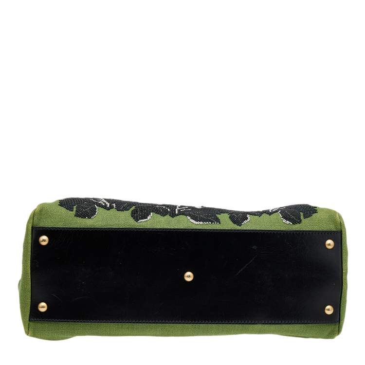 Pre Owned Fendi Green/Black Canvas and Leather Beaded Large Peekaboo Top Handle Bag