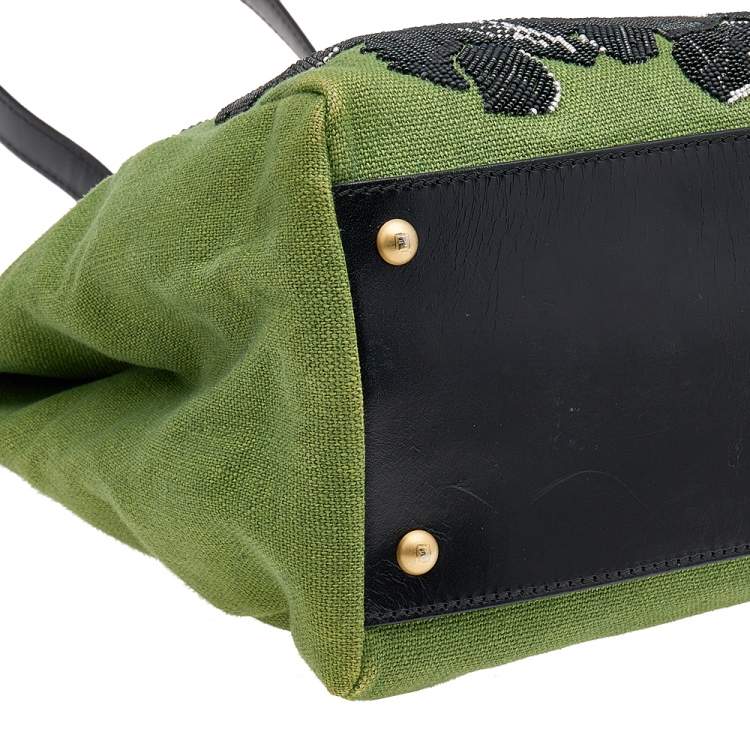 Pre Owned Fendi Green/Black Canvas and Leather Beaded Large Peekaboo Top Handle Bag