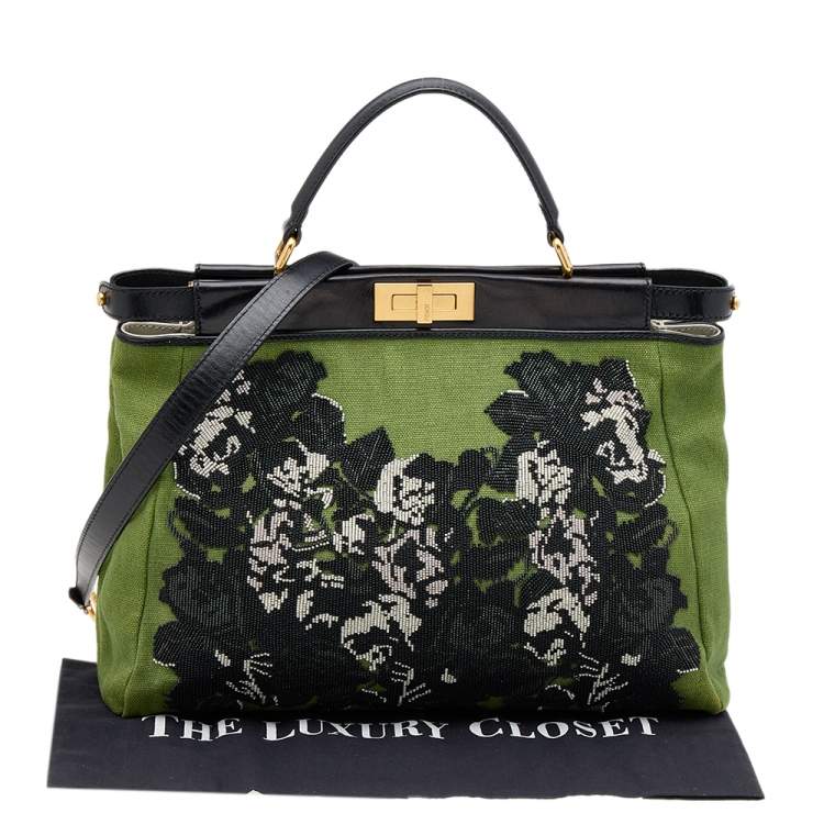 Pre Owned Fendi Green/Black Canvas and Leather Beaded Large Peekaboo Top Handle Bag