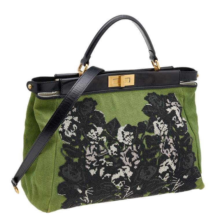 Pre Owned Fendi Green/Black Canvas and Leather Beaded Large Peekaboo Top Handle Bag
