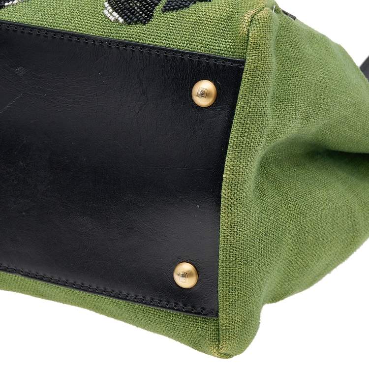 Pre Owned Fendi Green/Black Canvas and Leather Beaded Large Peekaboo Top Handle Bag