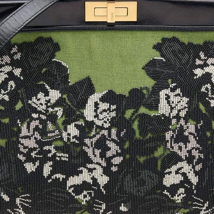Pre Owned Fendi Green/Black Canvas and Leather Beaded Large Peekaboo Top Handle Bag